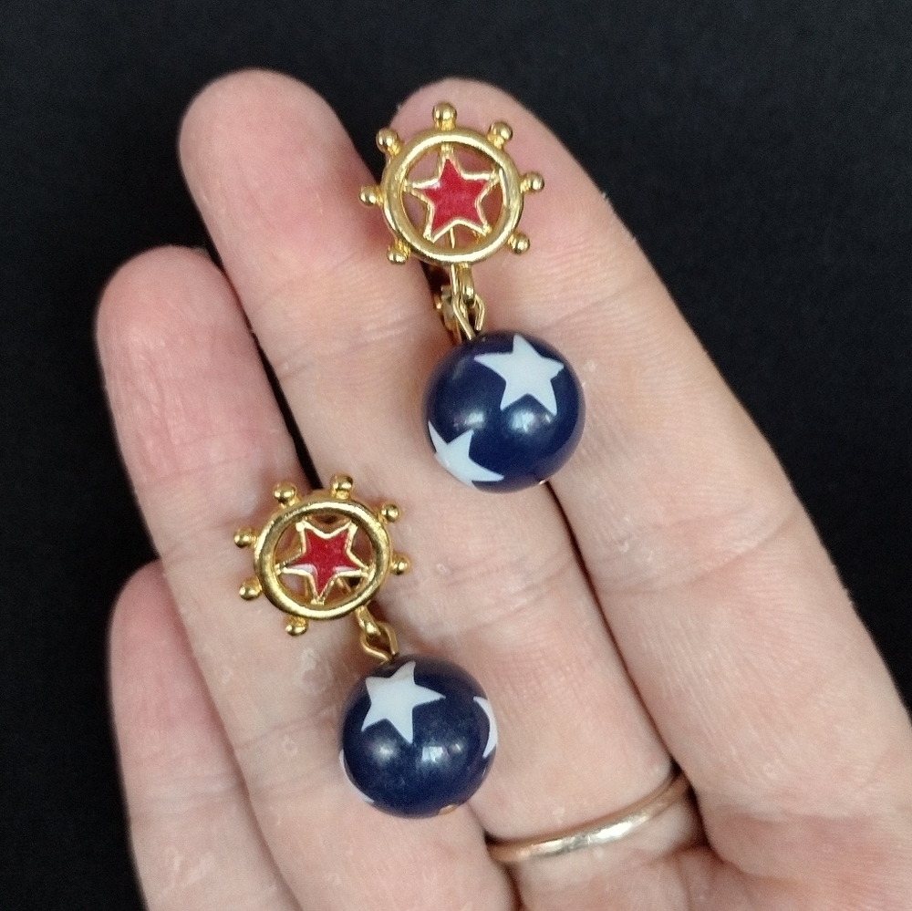 Gold Red White and Blue Star Clip On Earrings